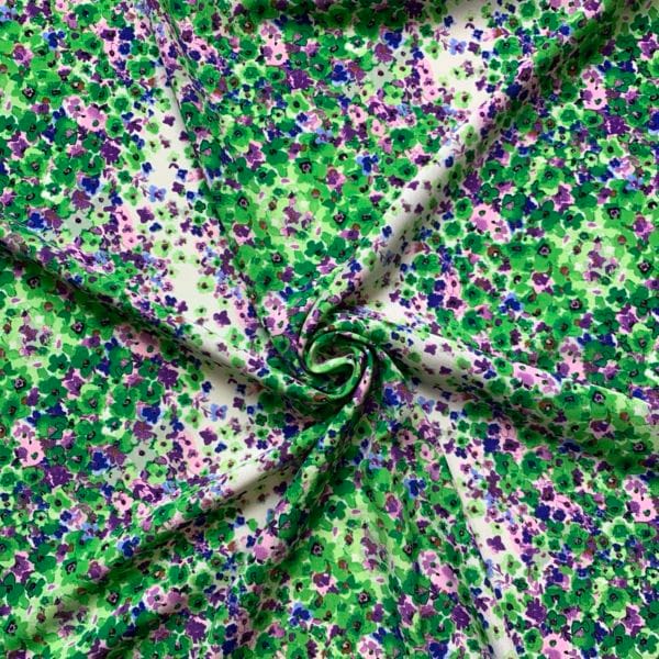 Crepe De Chine Floral Emeralds and Mauve Striped Print Fabric - Image 3