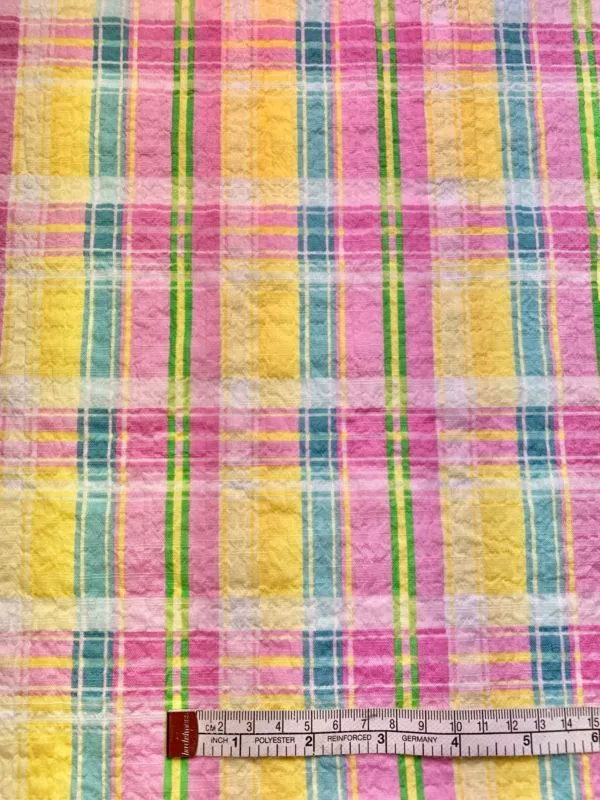 Summer Pastel Check Seersucker Stretch Cotton Fabric - Image 3