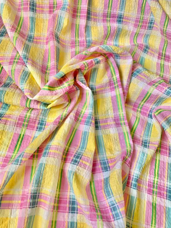 Summer Pastel Check Seersucker Stretch Cotton Fabric - Image 5