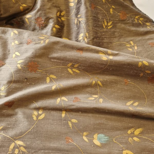 Hand Painted Raw Silk Dupion in Swirling Inca Gold