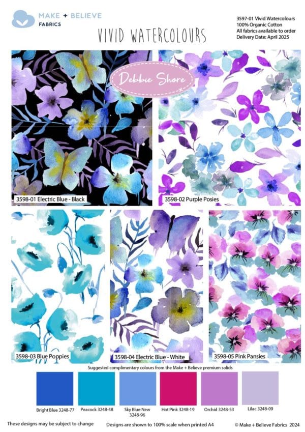 Vivid Watercolours Cotton Organic Fabric by Debbie Shore