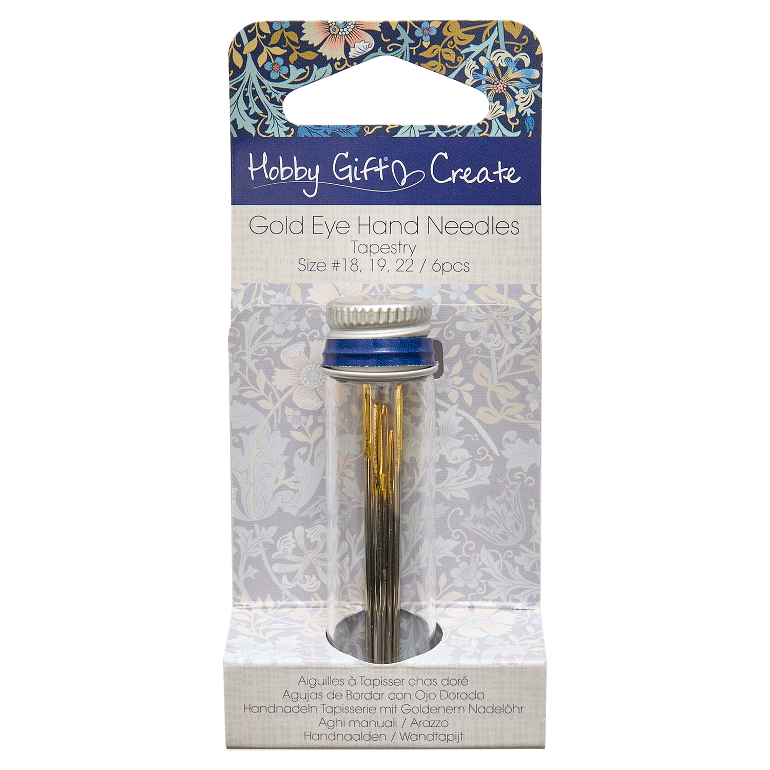 Hand Sewing Needles | Gold Eye Tapestry 18-22 | 6 Pieces with Woodblock Crafts design