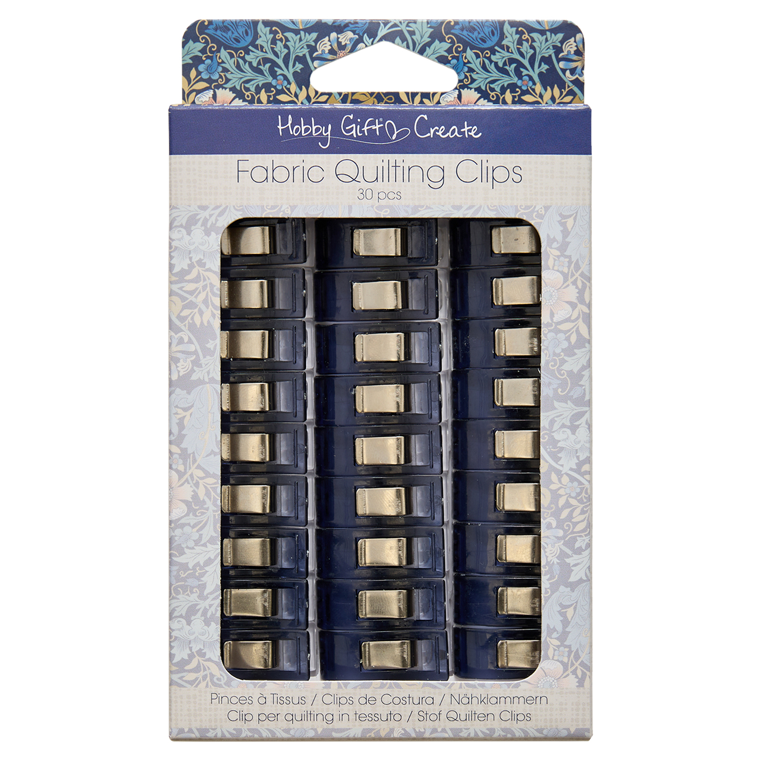 Quilting fabric clips in a rich dark blue colour Woodblock Crafts inspired printed design | pack of 30
