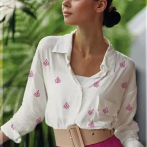 Cotton Double Gauze | Embroidered Rani Pink Motifs